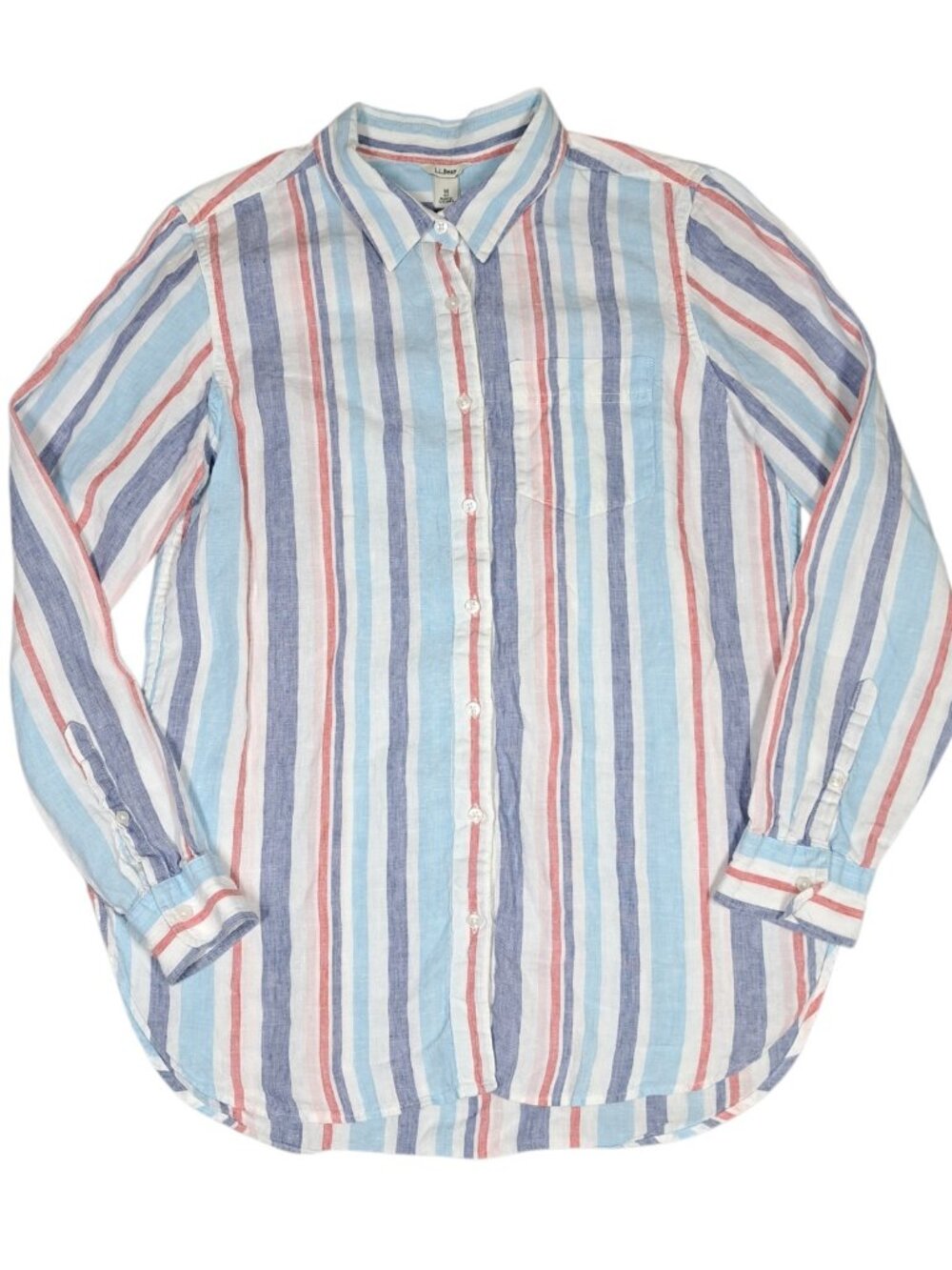 LL Bean Womens Linen Button Up Front M Shirt Long Sleeve Striped Coastal Beach